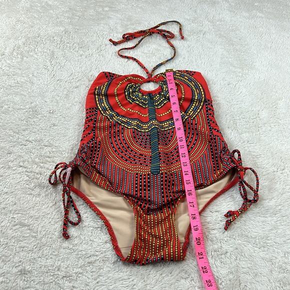 Mara Hoffman orange mandala halter tie one piece swimsuit, size med - Picture 2 of 7